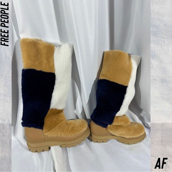 FREE PEOPLE HAPPY THOUGHTS FUR BOOTS IN CAMEL NAVY AND WHITE 37.5 EU - Picture 6 of 11